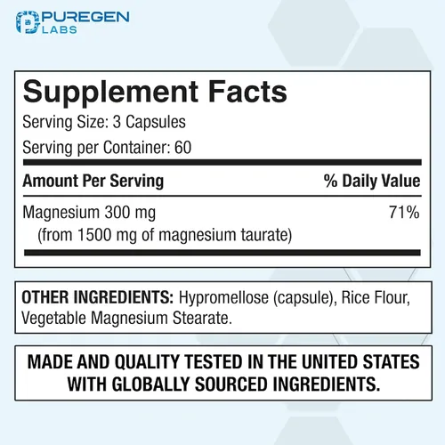 Vista 2 de Puregen Labs - Taurato de magnesio 1500 mg por porción [alta potencia de magnesio elemental] 180 cápsulas vegetales, queladas para una absorción