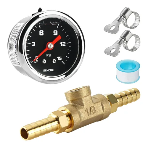 Vista 16 de SENCTRL Kit de manómetro de presión de combustible de 15 PSI para línea de combustible de 3/8, esfera negra, motores de carburador, motores