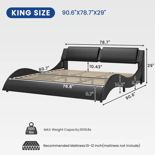 Vista 2 de DICTAC Base de cama King con puertos de carga y cabecero, base de cama de plataforma tamaño King con luces LED onduladas como curvas, soporte