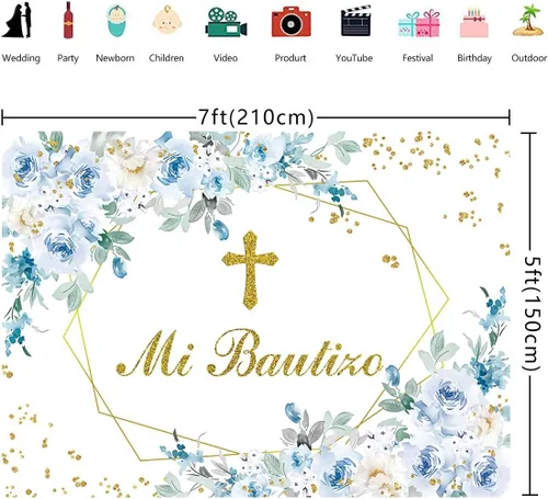 Vista 5 de Mi Bautizo - Telón de fondo para fiesta de bautismo mexicano, 7 x 5 pies, Dios bendiga la primera comunión, fondo azul flor niño bautismo banner