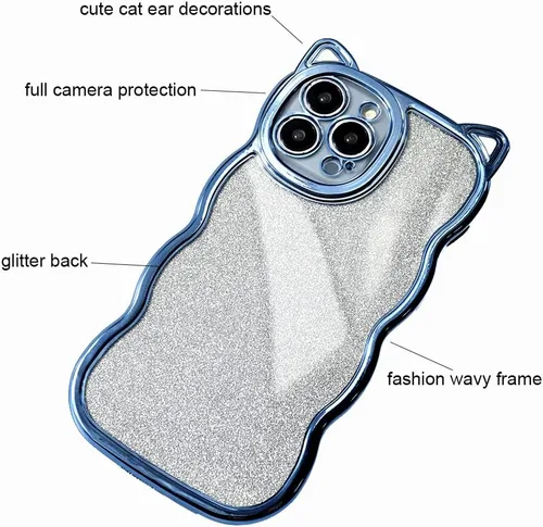 Vista 4 de Funda con purpurina para mujer para iPhone 12 Pro Max, marco ondulado rizado, funda brillante para iPhone 12 Pro Max lindas orejas de gatito en 3D