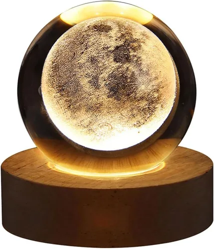 Vista 10 de Luz nocturna LED de bola de cristal, sistema de la Vía Láctea, lámpara de noche de cristal grabada en 3D con base de madera, carga USB