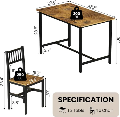 Vista 3 de AWQM Juego de mesa de comedor para 4, mesa industrial con juego de sillas, marrón rústico