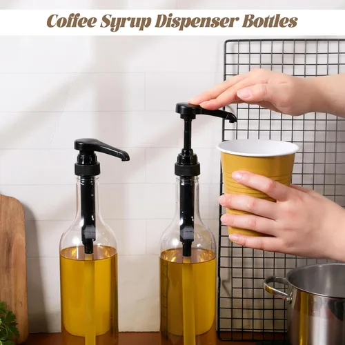 Vista 5 de Paquete de 6 botellas de jarabe de café de 25 onzas con bomba, botellas dispensadoras de jarabe de plástico de cuello largo, accesorios de barra