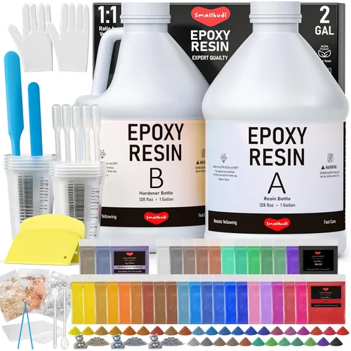 Vista 10 de Kit de resina epoxi Smallbudi de 1 galón con 24 colores de polvo de mica, lámina de oro, tazas y palo, resina transparente para principiantes