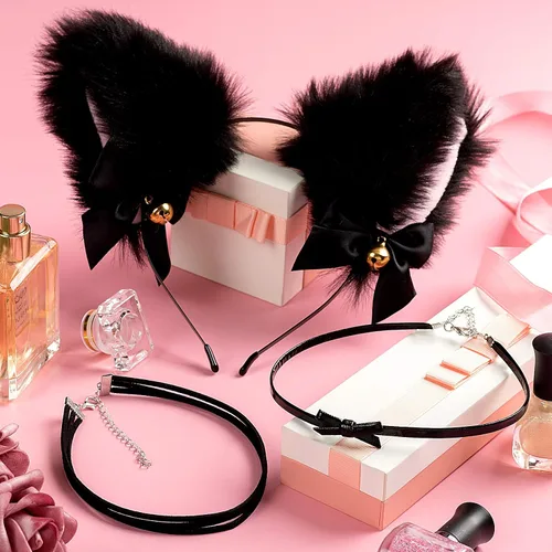 Vista 4 de OIIKI - Diadema con orejas de gato con campana orejas negras disfraz de fiesta con 3 gargantillas de encaje para mujeres niñas adultos y niños