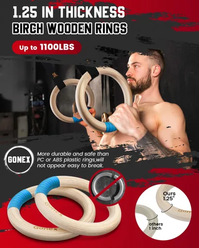Vista 2 de Gonex Wooden Gymnastic Rings with Adjustable Straps Olympic Pull Up Rings