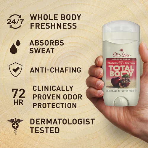 Vista 3 de Old Spice Desodorante en barra de cuerpo entero para hombres, sin aluminio, cereza negra + aroma a borbón, protección contra olores 24/7, frescura