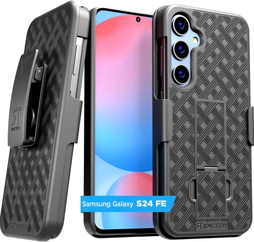 Vista 7 de Funda diseñada para Samsung Galaxy S24 con funda de clip para cinturón, funda de teléfono con función atril, color negro
