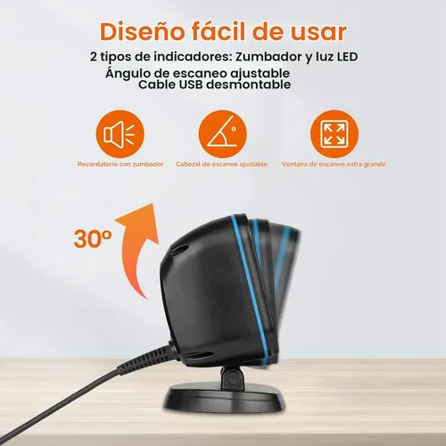 Vista 3 de OBZ 2D Escáner de código de barras de escritorio manos libres USB Lector de Azul