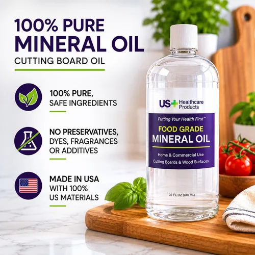 Vista 5 de US+ Aceite mineral 100% puro de 32 onzas, aceite para tablas de cortar, grado alimenticio, USP, restaura y protege tablas de cortar, bloques