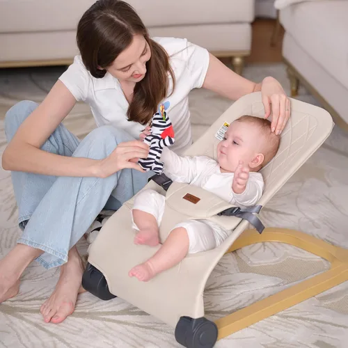 Vista 4 de Mecedora para bebé, Silla de bebé portátil y plegable con 3 ajustes de altura, Mecedora ergonómica para bebés de 0 a 6 meses, estilo de grano