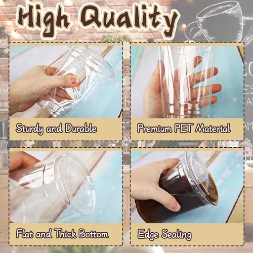 Vista 3 de Qinsihwn 16 oz Vasos de plástico transparentes con tapas sin paja, 25 juegos de vasos de plástico con tapas para beber, vasos desechables para café