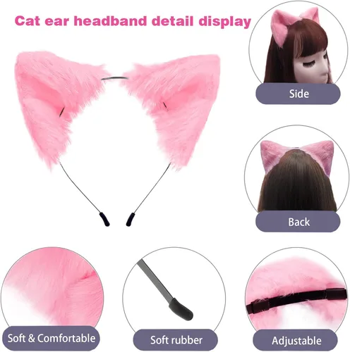 Vista 3 de Dolmtop Diadema hecha a mano con orejas de perro de gato, zorro, lobo, accesorios de disfraz para Halloween y Navidad