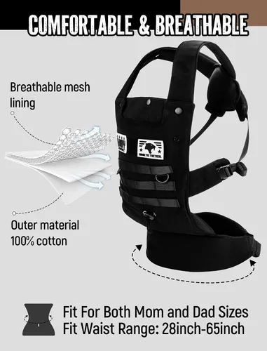 Vista 5 de Portabebés ergonómico con soporte lumbar para bebés y niños pequeños (8-33 libras), acogedor y ligero portabebés militar para padres grandes y Negro