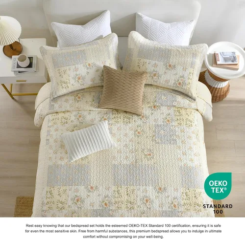 Vista 6 de DDUOXIN - Colcha reversible tamaño King de 100 % algodón, colcha floral a cuadros 120x120 Quilted Bed Spread with 2 Pillow Shams, Farmhouse