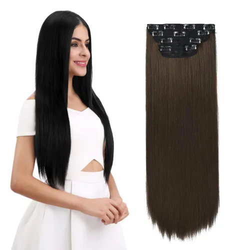 Vista 30 de REECHO - Juego de 4 extensiones de cabello sintético con clip de 12 pulgadas, 14 pulgadas y 16 pulgadas, lacio, largo y grueso, marrón oscuro