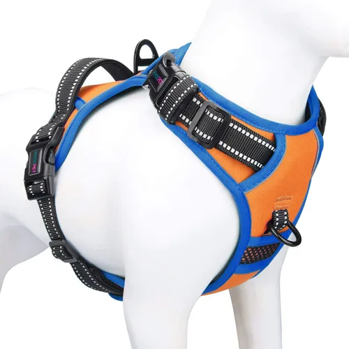Vista 12 de Arnés para perro sin tirones, chaleco para perro reflectante ajustable de colores únicos, con asa de entrenamiento suave y clips de metal
