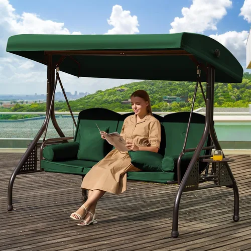 Vista 21 de Columpio de porche para exteriores 3 en 1 con toldo ajustable, columpio de 3 asientos para adultos, columpio de patio con cojines gruesos, almohadas
