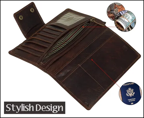 Vista 5 de Mou Meraki Cartera larga con bloqueo RFID de cuero genuino - Vintage Bifold para hombres, Rojo Marrón, Cartera larga
