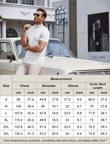 Vista 6 de COOFANDY Suéter de cuello alto falso para hombre, de manga corta, color sólido, básico, ajustado, de punto