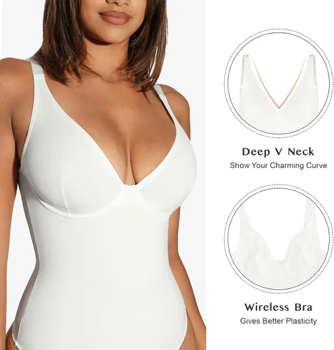 Vista 4 de FeelinGirl Shapewear Bodysuit Tummy Control Slim Body Shaper Deep V Neck Thong Body Suits for Women