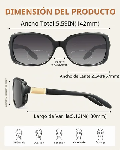 Vista 4 de JM Gafas de Lectura Bifocales Clásicas Rectangulares Elegantes Gafas de Sol Lectoras para Mujeres Todo Negro +1.25