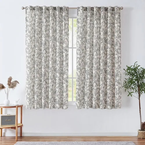 Vista 2 de JINCHAN Cortinas florales de lino para sala de estar, cortinas negras de estilo granja francesa de campo, cortinas de 63 pulgadas de largo, cortinas