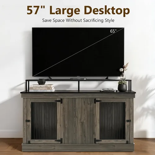 Vista 8 de MCombo Jaula de madera para perros de 57 pulgadas, soporte de TV de madera para 2 perros medianos, jaula grande con 2 puertas, mesa auxiliar