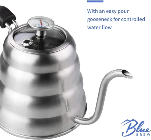 Vista 5 de Blue Brew Estufa de cuello de cisne, tetera con termómetro, cafetera de 40 onzas para café y té, hervidor de café de acero inoxidable, compatible
