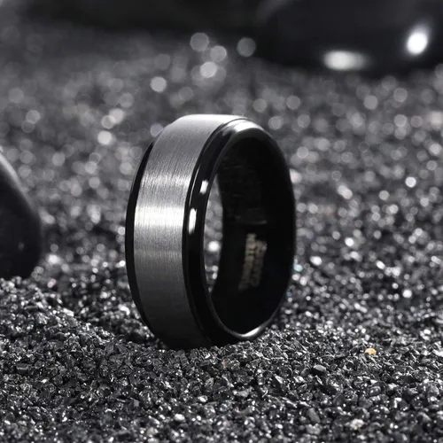 Vista 2 de TRUMIUM Anillo de boda de carburo de tungsteno de 0.236 in y 0.315 in para hombres y mujeres, borde escalonado, negroplata, grabado "I Love You