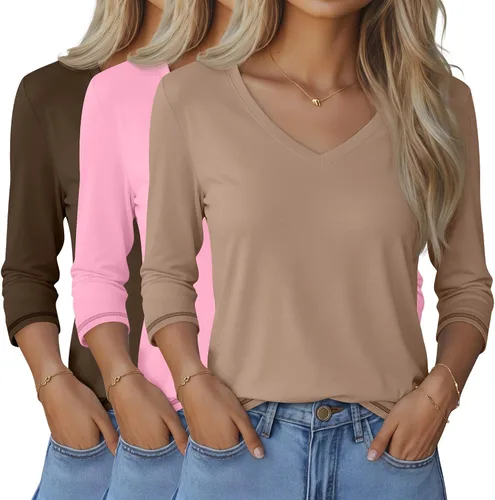 Vista 16 de Ficerd Paquete de 3 camisetas de manga 3/4 para mujer, cuello en V, blusas holgadas, blusas casuales, ropa de moda 2026