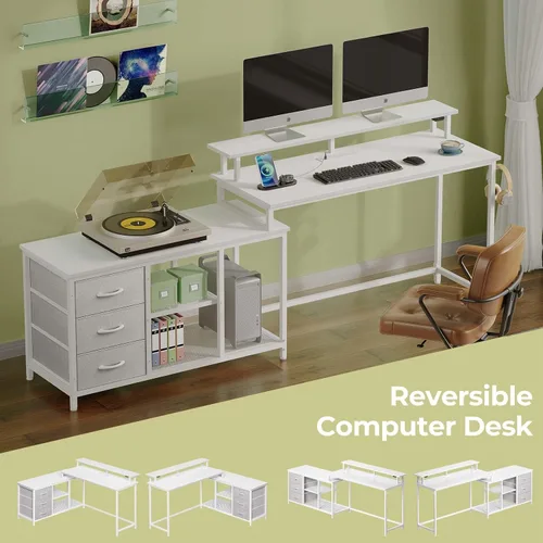 Vista 4 de Seventable Escritorio de computadora en forma de L con cajones, escritorio reversible para juegos con luces LED y puerto de carga, escritorio