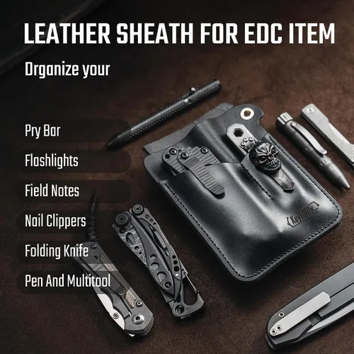 Vista 4 de KeyUnity KL01 - Organizador de bolsillo de cuero con 3 bolsas, funda multiherramienta EDC para cuaderno/cuchillo de bolsillo/linternas/bolígrafos