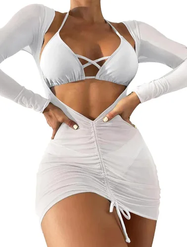 Vista 10 de SherryDC Traje de baño sexy de 3 piezas para mujer, conjunto de bikini triangular con cuello halter y manga larga, traje de baño con cordón