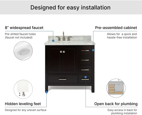 Vista 7 de ARIEL Cambridge - Mueble de baño con lavabo de 36 pulgadas, madera maciza, encimera y salpicadero italiano de mármol de Carrara de 1.5 pulgadas