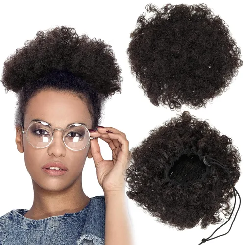 Vista 8 de WILLBOND 2 extensiones de cola de caballo afro con cordón para mujeres negras, pelo rizado, extensiones cortas sintéticas con clip, extensiones