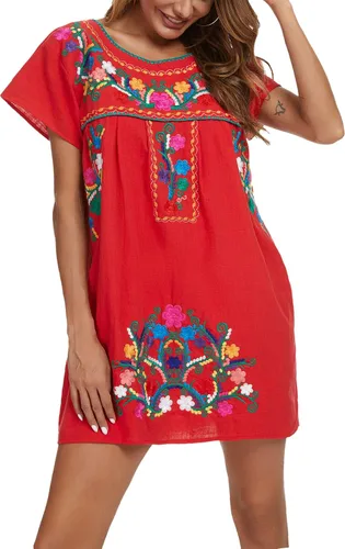 Vista 44 de YZXDORWJ Vestido bordado mexicano de manga corta para mujer 222BK