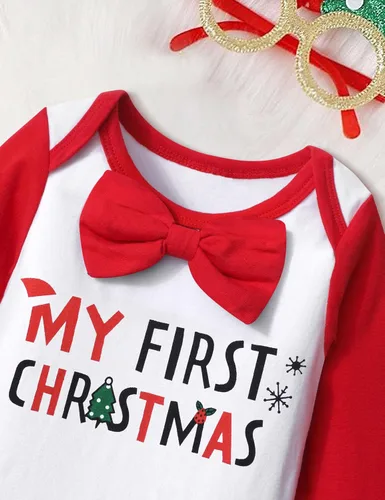 Vista 9 de WIQI Baby Boy Christmas Outfit 4PCS Newborn Romper Xmas Suspender Pants Santa Hat My First Christmas Baby Boy Outfits