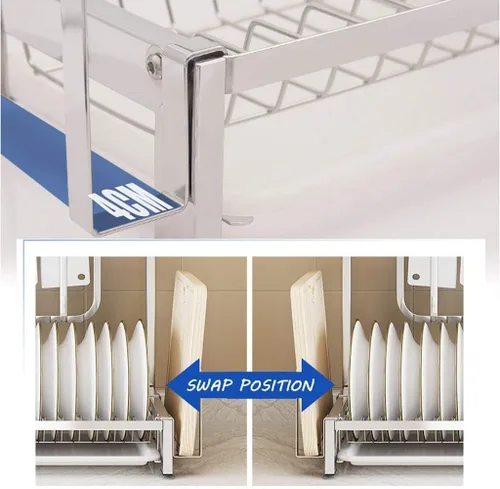Vista 3 de Escurridor de platos de acero inoxidable de 2 niveles, jaula para palillos, estante para tabla de cortar, ahorra espacio