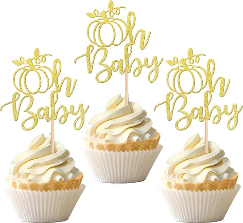 Vista 10 de 24 piezas de decoración de calabaza para cupcakes con purpurina temática de otoño, decoración de pasteles con temática de calabaza, cumpleaños