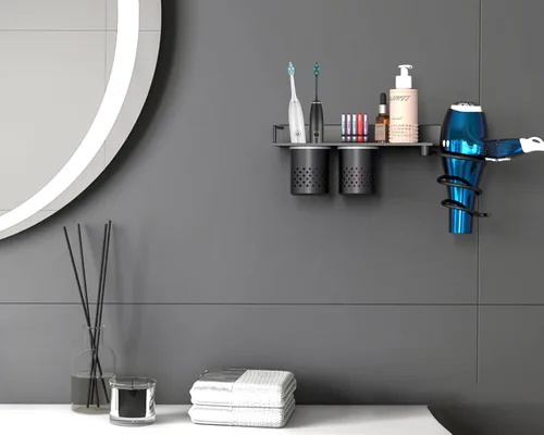 Vista 7 de MyLifeUNIT Soporte para secador de pelo, organizador de secadora de pelo montado en la pared con 2 tazas, estante de herramientas de peinado de baño