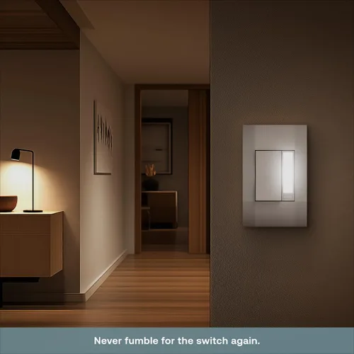 Vista 3 de Interruptor de luz nocturna simple de Deako, luz LED blanca cálida, sensor de encendido/apagado automático, un solo polo, requiere cable neutro