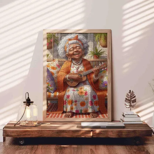 Vista 3 de Rompecabezas de 1000 piezas de anciana afroamericana para adultos, abuela tocando la guitarra, rompecabezas para actividades familiares desafiantes
