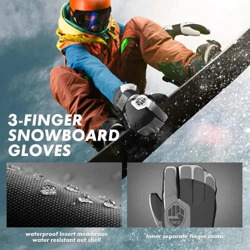 Vista 2 de MCTi Guantes de snowboard con protector de muñeca, guantes de Kevlar de 3 dedos, impermeables, para esquí de nieve en invierno