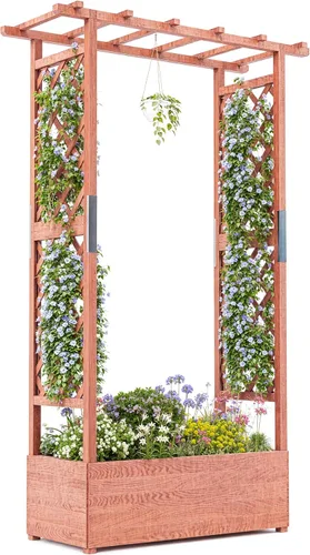 Vista 11 de GarveeLife Paquete de 2 macetas altas de madera con enrejado, cama de jardín elevada de 61.5 pulgadas de alto sobre ruedas, maceta vertical
