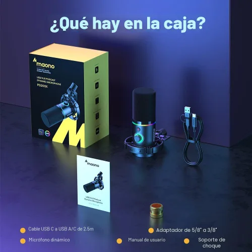 Vista 9 de MAONO XLR/USB - Micrófono dinámico para juegos RGB con software, silencio, perilla de ganancia, control de volumen y conector para auriculares