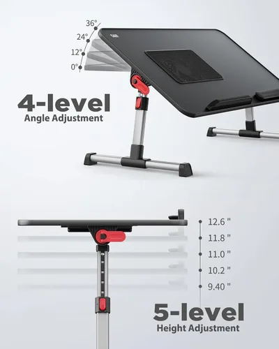 Vista 5 de Mesa para portátil para cama con ventilador de enfriamiento, SAIJI Soporte para portátil ajustable en altura y ángulo para cama, mesa para portátil
