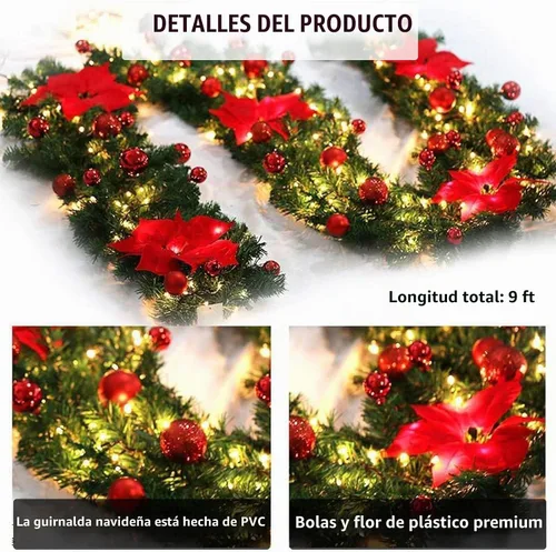 Vista 4 de Guirnalda de Navidad iluminada – 8.8 pies, de ratán, de Navidad, flores artificiales y vid artificiales de Navidad, con luces, funciona