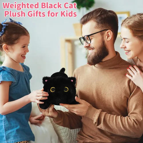 Vista 2 de Peluche de gato negro con peso, lindos animales de peluche con peso para niños, realista y suave, abrazable, regalo para niñas y niños